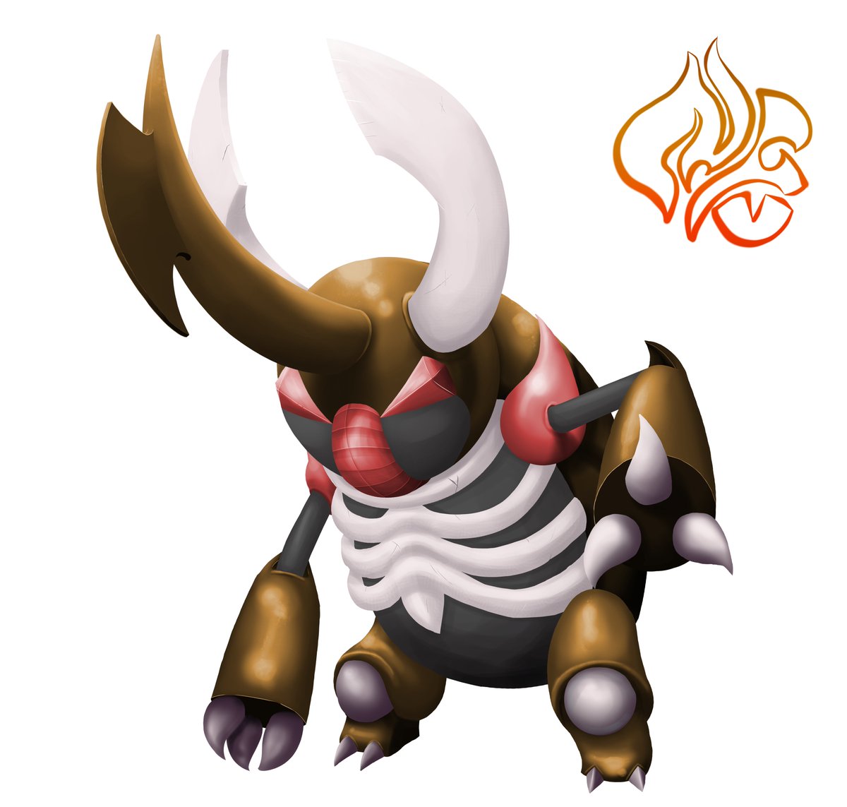 NotoriousFuego's tweet photo. Throwing my hat in the ring for giving Pincir his well-deserved evolution! Say hi to "Guillyrant" ✨ (from guillotine and tyrant). An aggressive dark/bug mon that fearlessly hunts evil spirits and the creatures that stalk in the night.  #fakemon https://t.co/OcMxgzXUsr