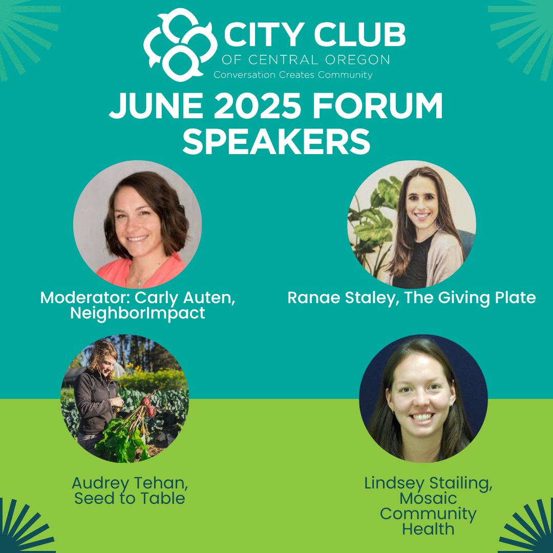 🍽️ Join us June 25 for Together at the Table, a community forum on food insecurity in Central Oregon. Let’s talk solutions—and take action.
📍 Bend, OR | 🕦 11:30 AM
🎟️ Register: ow.ly/2Tst50W8yyN
#FoodInsecurity #CityClubCO #TogetherAtTheTable