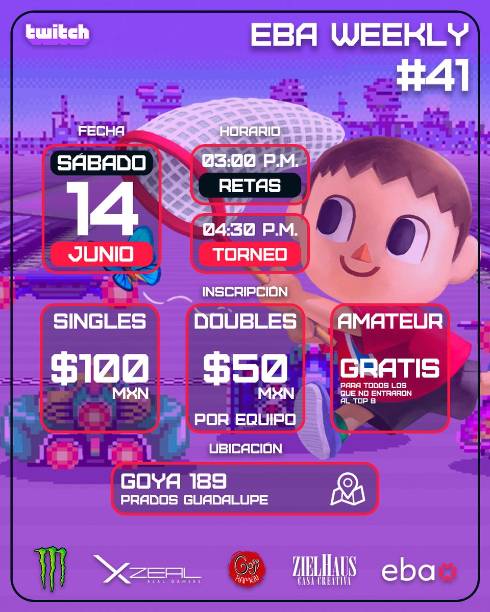 ¡Los invitamos a todos a participar en la edición #41 de #EBAWeekly! 💢
📅 Sabado 14 de Junio a las 04:30p.m.
📌 Zielhaus Casa de creacion digital | Goya 189, Prados de Guadalupe, Zapopan.
💲 100 pesos de inscripción a Singles y 50 pesos  a Doubles.
start.gg/tournament/eba…