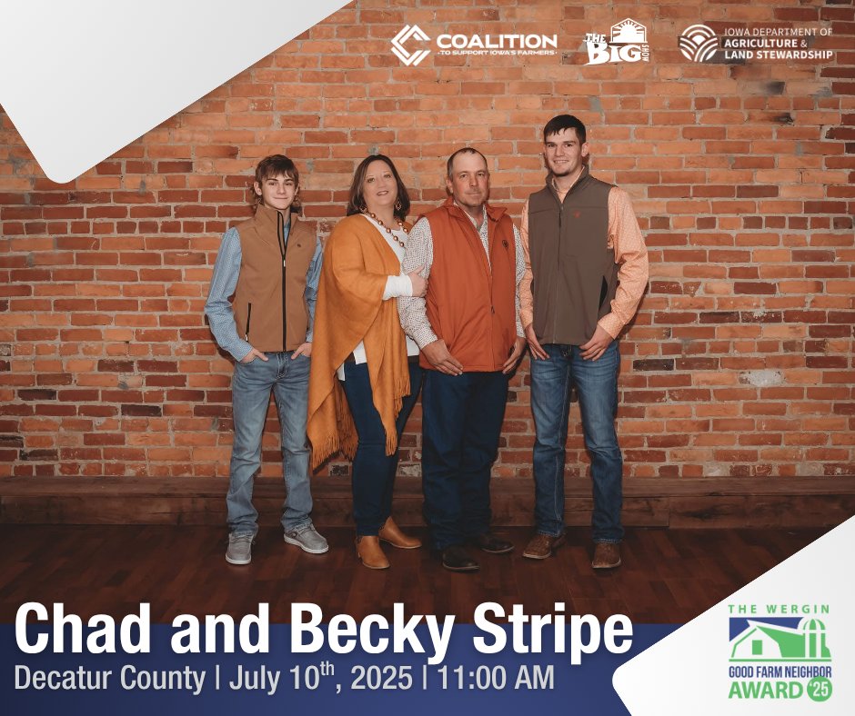 Join us on July 10 as we recognize Chad and Becky Stripe, dedicated cattle farmers from Decatur County, with the 𝙒𝙚𝙧𝙜𝙞𝙣 𝙂𝙤𝙤𝙙 𝙁𝙖𝙧𝙢 𝙉𝙚𝙞𝙜𝙝𝙗𝙤𝙧 𝘼𝙬𝙖𝙧𝙙!

Tune in to @whobigshow from 11:00 a.m. – 1:00 p.m. for the celebration.