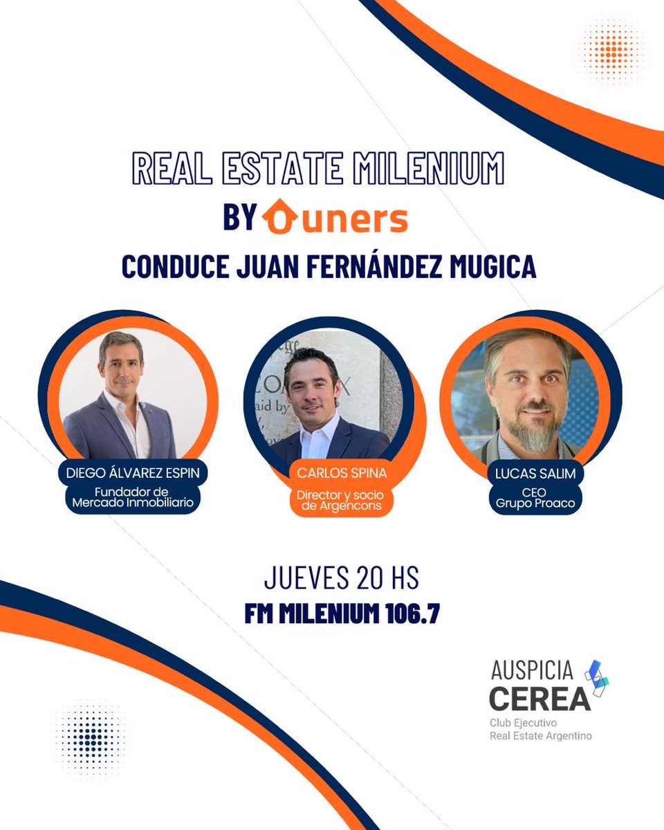 No se pierdan el programa de hoy de Real Estate por ⁦<a href="/fmmilenium/">FM Milenium 106.7</a>⁩, todos los detalles de la compra del 51 % de Consultatio a Argencons con Carlos Spina, la columna de ⁦<a href="/diegocitybell/">diego alvarez espin</a>⁩ y una charla a fondo con ⁦<a href="/Lucasjosesalim/">Lucas José Salim</a>⁩, CEO del Grupo Proaco, sumate!!