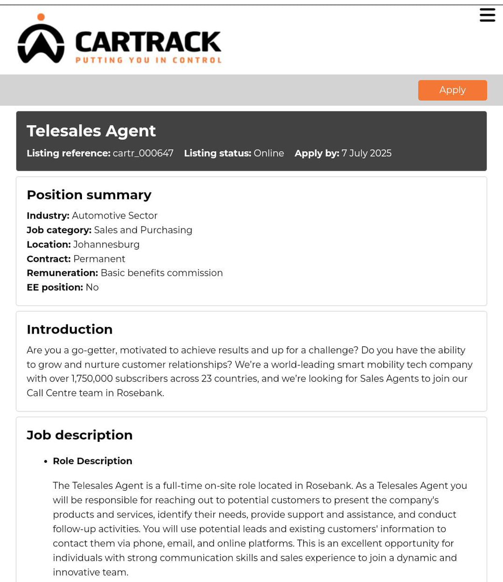 tumelo_br's tweet photo. Do your own research 

📌Cartrack is hiring!

✅Telesales Agent 

📍JHB
Salary: R8,000- R15,000 p/m
Minimum Requirements:
- Grade 12/ Matric only
- Computer literate 
- Fluent in English 
- Communication skills
Closing Date: 07-July-2025 https://t.co/f2ERsuYWfM 
https://t.co/76bwkJfAUT