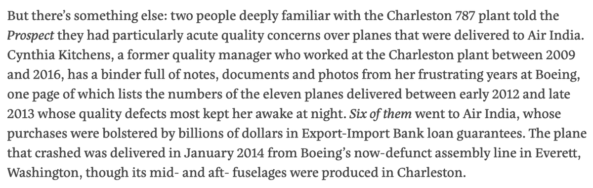 ddayen's tweet photo. Wild story: a quality manager who warned about the shoddy construction of Boeing 787 Dreamliner planes was particularly concerned about the ones sent to Air India around a decade ago. That's when the Air India jet that crashed today was sent. From @moetkacik: https://t.co/kXaQmcoo9V