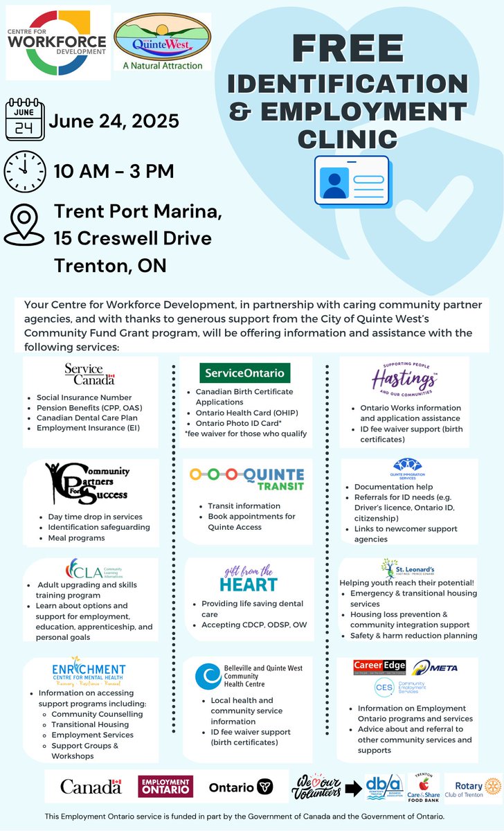 We're proud to host an ID &amp; Employment Clinic in Quinte West to support vulnerable, marginalized, and unhoused individuals in our community. This FREE clinic will provide help with: 1. Replacing or applying for ID 2. Accessing employment services and other supports.