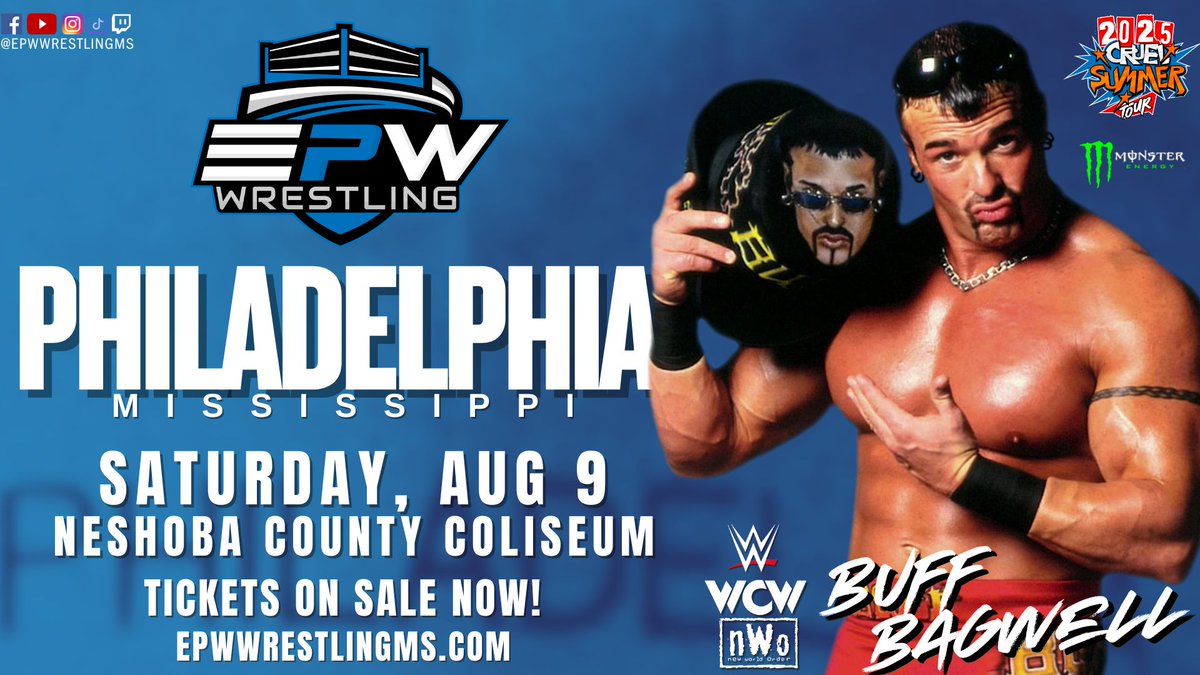 EPW Wrestling (@epwwrestlingms) on Twitter photo PHILADELPHIA, MS - EPW IS COMING FOR THE 1st TIME EVER!
and we arent coming alone!
WCW/nWo/WWE star <a href="/Marcbuffbagwell/">Marcus Bagwell 🎩</a> will be in the house!!
Saturday, August 9 at the Neshoba County Coliseum!
Tickets are On Sale Now at epwwrestlingms.com PHILADELPHIA, MS - EPW IS COMING FOR THE 1st TIME EVER!
and we arent coming alone!
WCW/nWo/WWE star <a href="/Marcbuffbagwell/">Marcus Bagwell 🎩</a> will be in the house!!
Saturday, August 9 at the Neshoba County Coliseum!
Tickets are On Sale Now at epwwrestlingms.com