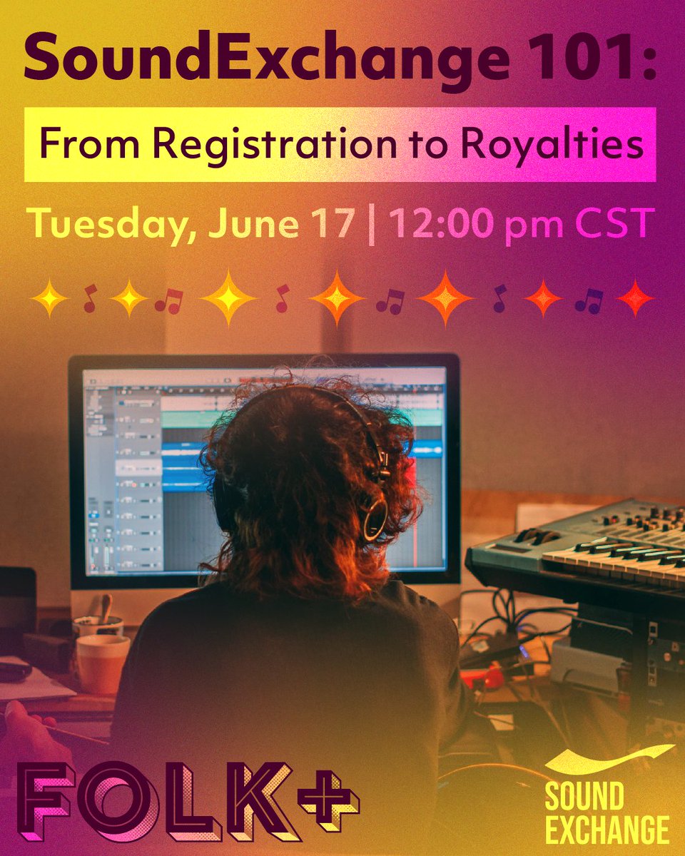 Webinar upcoming! SoundExchange 101 will be part of Folk+ this year, happening on Tuesday, June 17. Folk+ is our two-day virtual conference and it's free (or pay-what-you-can). Register and get all the info here: folk.org/folkplus/2025 @soundexchange