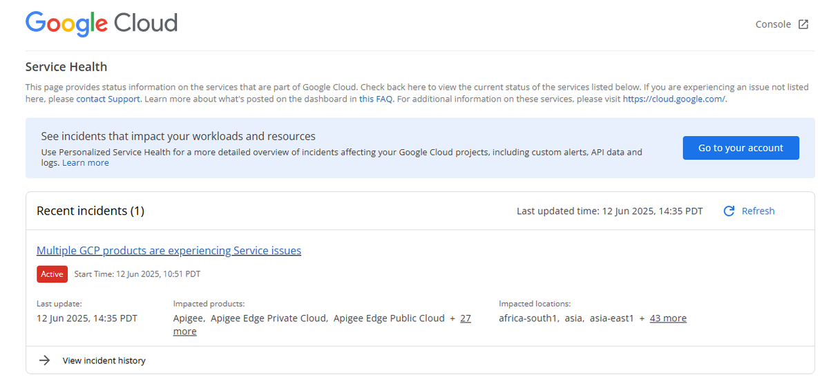 【障害情報まとめ（日本時間・最新状況）】
2025年6月13日午前2時51分、Google Cloudで大規模障害が発生しました。日本を含む世界中の多くのリージョンで、BigQueryやCloud Storageなど主要サービスが一時利用不可となった。
status.cloud.google.com/incidents/ow5i…