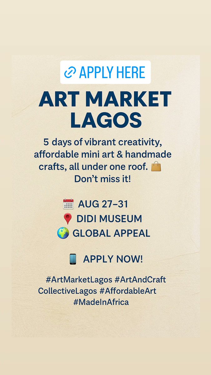 Get ready for the biggest Art Market Lagos has seen! 5 days of vibrant creativity, affordable mini art &amp; handmade crafts, all under one roof.  Don’t miss it!
Aug 27–31 |Didi Museum |  Global Appeal
📲 Apply Now! artmiabo.com/2025/06/art-an…