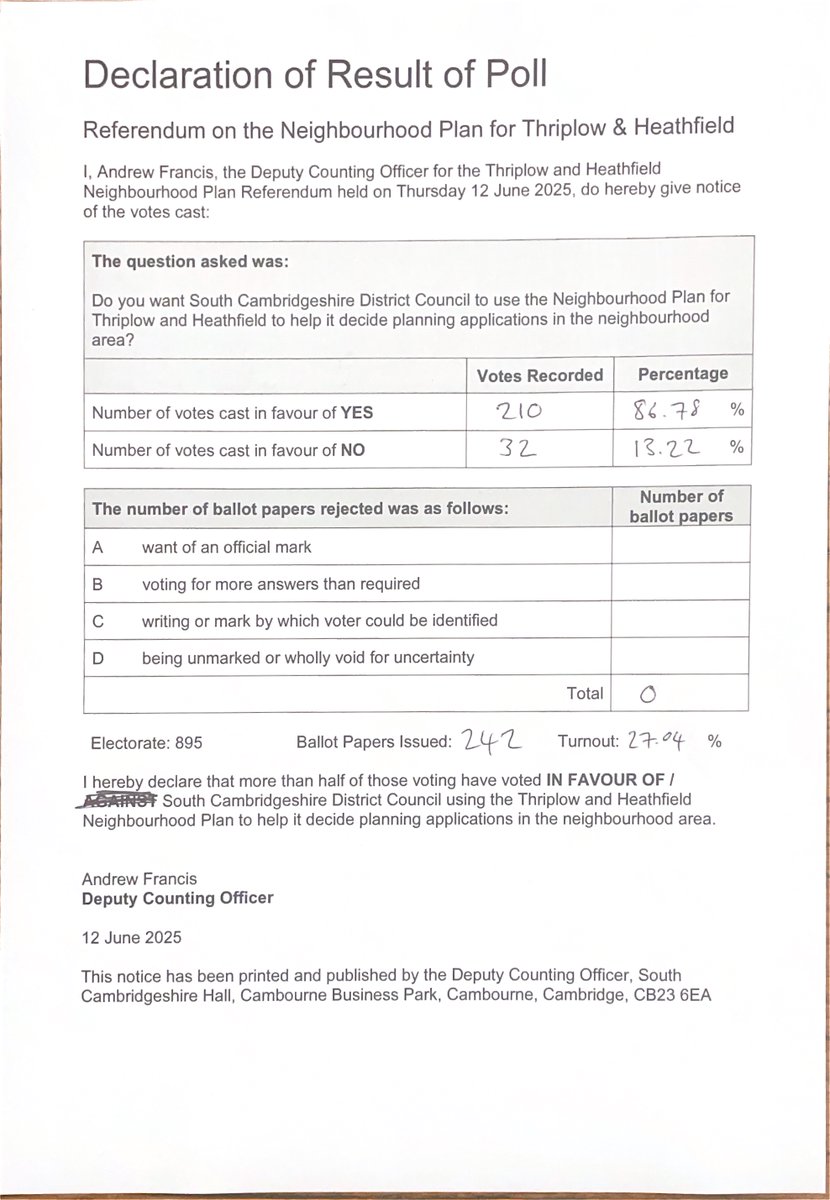 The result for the Thriplow and Heathfield Neighbourhood Plan Referendum is now in