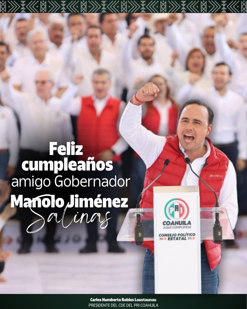 Hoy celebramos la vida de un gran aliado de Coahuila. Felicidades al gobernador Manolo Jiménez Salinas <a href="/manolojim/">Manolo Jiménez Salinas</a>. Que continúe con pasos de gigante construyendo un mejor futuro para nuestro estado.

<a href="/PRI_Nacional/">PRI</a> 
<a href="/alitomorenoc/">Alejandro Moreno</a>