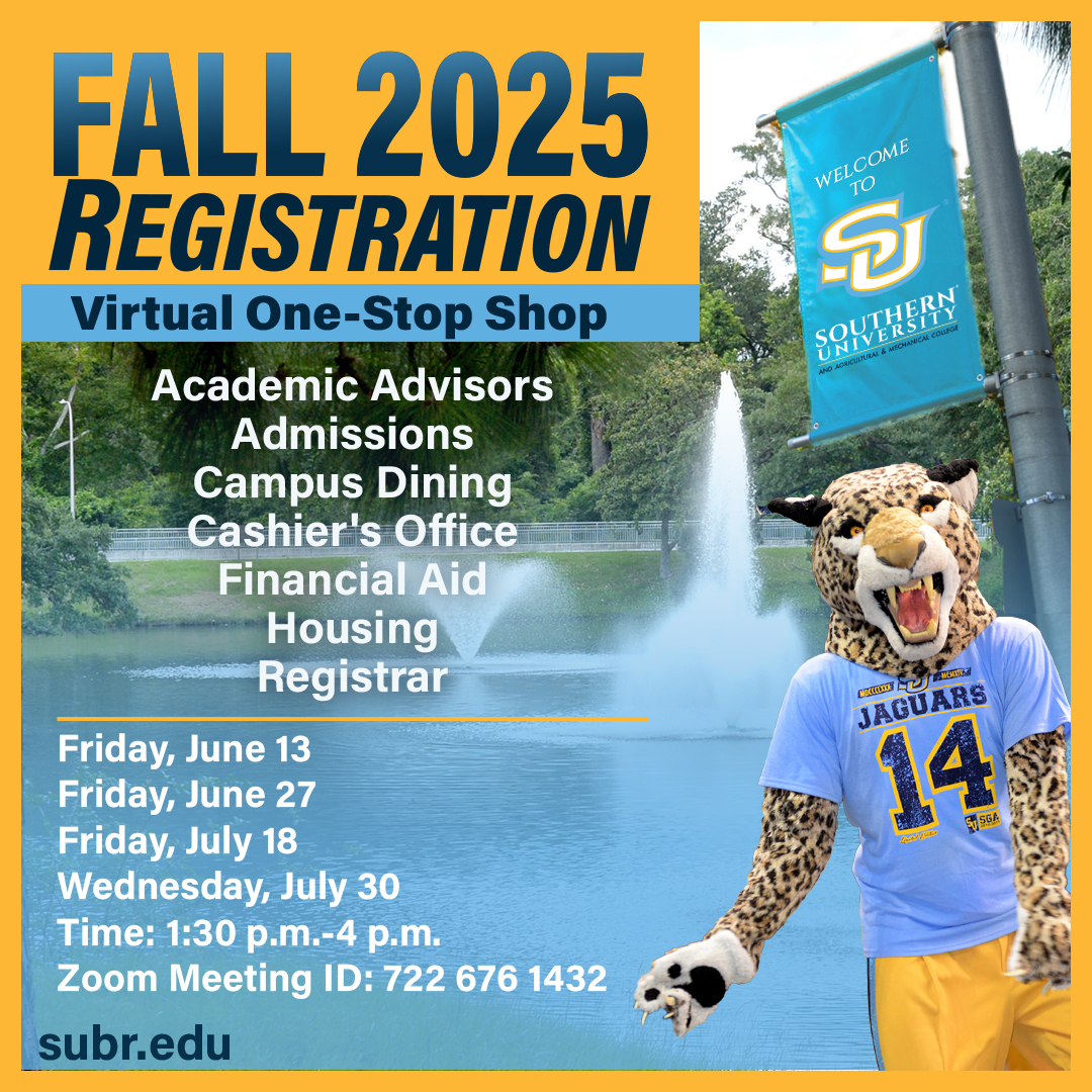 SouthernU_BR's tweet image. Hey, Jags!
The virtual one-stop shop is back to help with fall 2025 registration. Meet with multiple departments in one Zoom call to take care of all your needs.
🔗 Zoom Meeting ID: 722 676 1432
Representatives will be available on the listed dates.
#WeAreSouthern