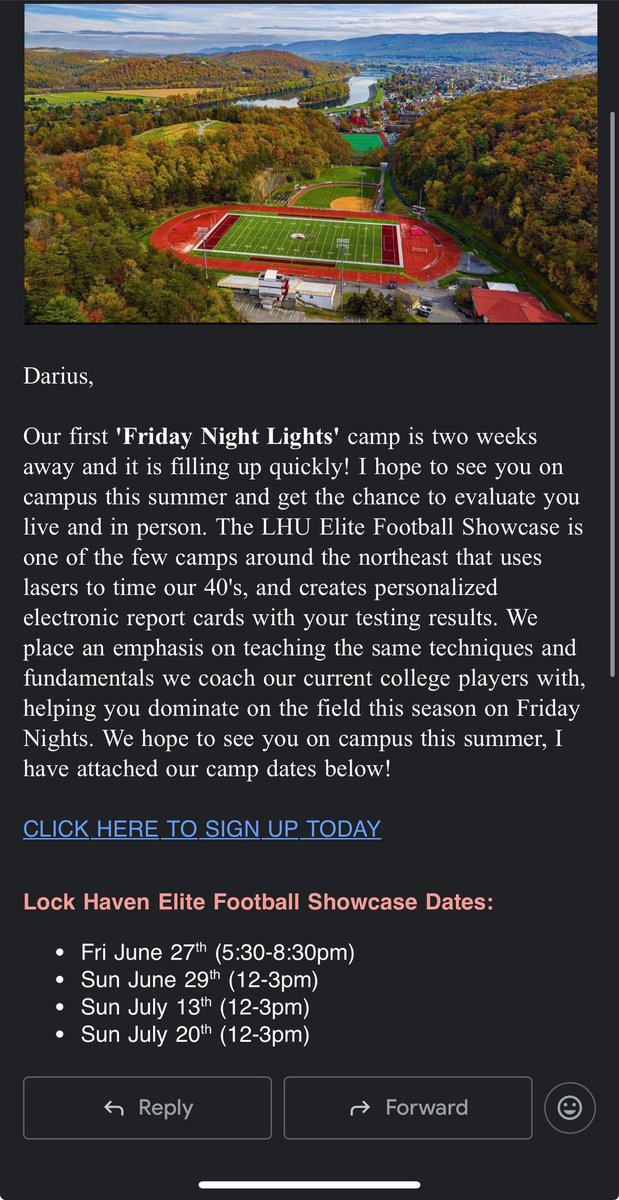 Darius Walker (@darius_wjr) on Twitter photo Thank you <a href="/CoachJBattaglia/">Coach Joe Battaglia</a> for inviting me to The LHU Elite Football Showcase
<a href="/LHU_Football/">Lock Haven Football</a> Thank you <a href="/CoachJBattaglia/">Coach Joe Battaglia</a> for inviting me to The LHU Elite Football Showcase
<a href="/LHU_Football/">Lock Haven Football</a>