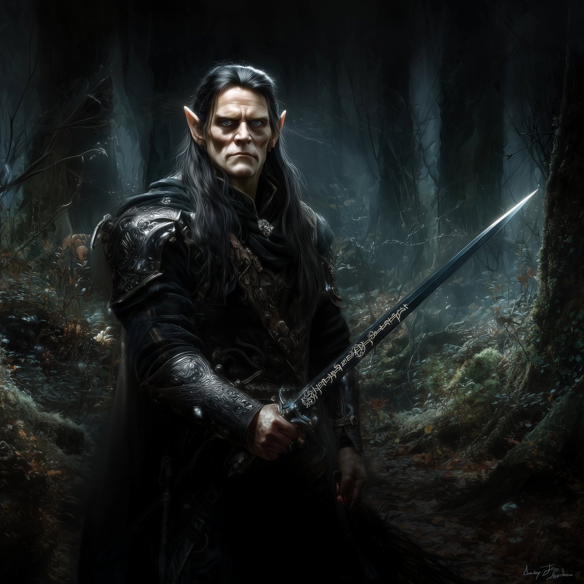 Ab. 320 F.A. Eöl of Nan Elmoth, Dark Elf, excellent blacksmith, husband of Aredhel of Gondolin
#midjourney #fantasy #digitalart #midjourneyV7  #lotr #hobbit #tolkien #aiart #aiartcommunity #thehobbit #tolkienart #silmarillion #thesilmarillion