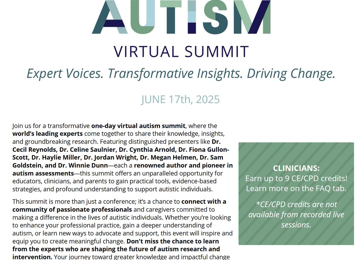Dr. Sam Goldstein (@drsamgoldstein) on Twitter photo Join us for a transformative one-day virtual #autism summit, where the world’s leading experts come together to share their knowledge, insights, and groundbreaking research. ➡️Register here: web.cvent.com/event/28a796f3…
#PearsonAutismVirtualSummit <a href="/PearsonAssessUS/">Pearson Assessments US</a> Join us for a transformative one-day virtual #autism summit, where the world’s leading experts come together to share their knowledge, insights, and groundbreaking research. ➡️Register here: web.cvent.com/event/28a796f3…
#PearsonAutismVirtualSummit <a href="/PearsonAssessUS/">Pearson Assessments US</a>