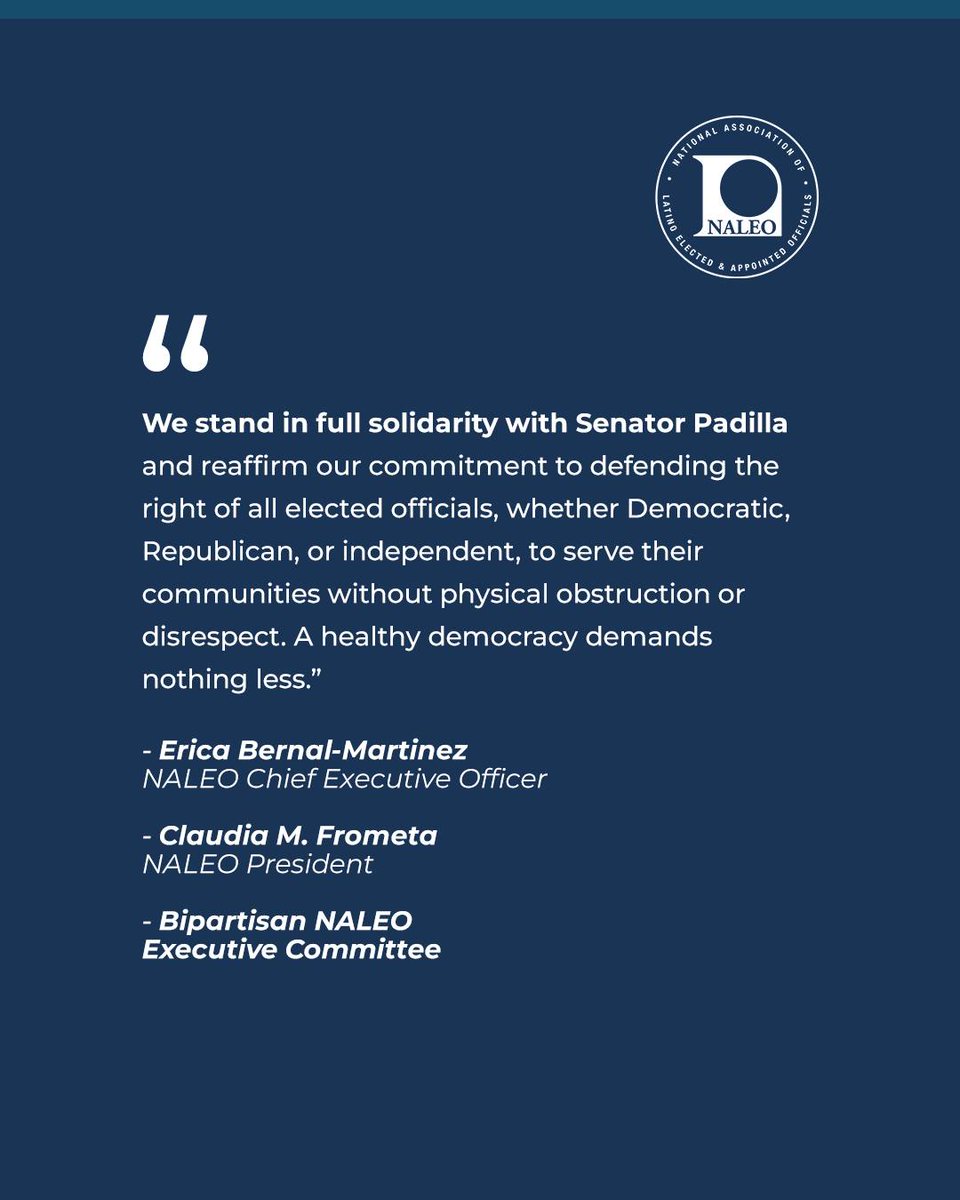 NALEO released the following statement in response to the forcible removal of California Senator and former NALEO President @senalexpadilla at a U.S. Department of Homeland Security press conference in Los Angeles earlier today. 📝 👉🏽