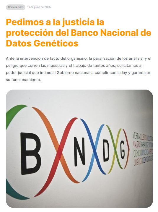Rodrigo Quiroga 🔬 (@rquiroga777) on Twitter photo El gobierno intervino el Banco Nacional de Datos Genéticos. Corren riesgo las muestras acumuladas durante décadas que pueden permitir identificar nuevos nietos e hijos de desaparecidos.
<a href="/abuelasdifusion/">Abuelas de Plaza de Mayo</a> pide protección a la justicia El gobierno intervino el Banco Nacional de Datos Genéticos. Corren riesgo las muestras acumuladas durante décadas que pueden permitir identificar nuevos nietos e hijos de desaparecidos.
<a href="/abuelasdifusion/">Abuelas de Plaza de Mayo</a> pide protección a la justicia