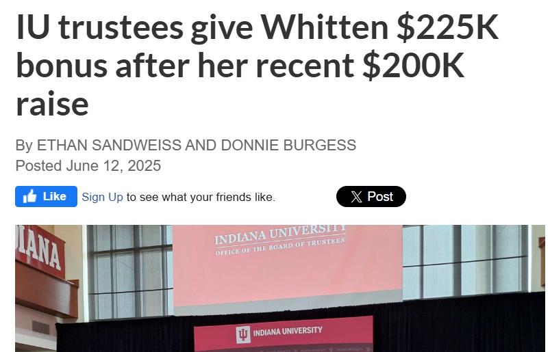 TheGreeneBJ's tweet photo. Since putting snipers on students like me, the president of IU has received a massive pay raise and almost a half million dollars in bonuses 👍 https://t.co/qalHKtj6do