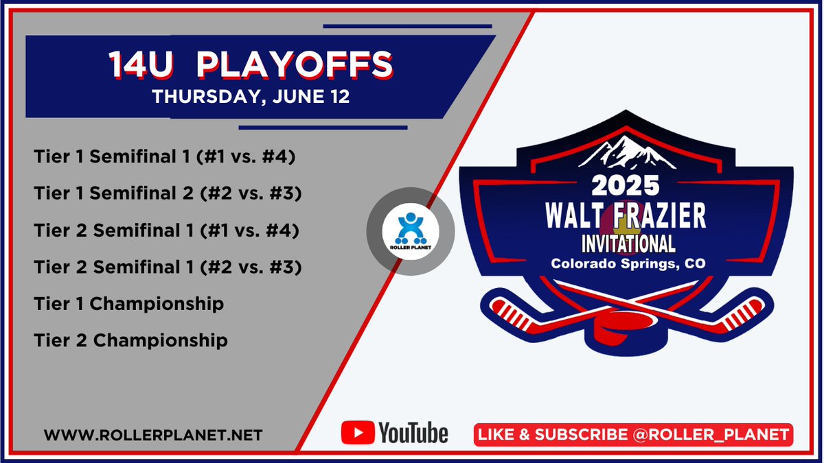 RollerPlanet1's tweet photo. 14U DIVSION PLAYOFFS! Day 3 of our live stream coverage from the 2025 Walt Frazier Invitational begins at 4:30 PM Mountain Time. Head over to our Youtube channel to catch all the action. https://t.co/l0NeyPsqUZ