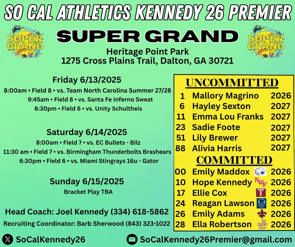 Emma Lou Franks (@emma_lou2027) on Twitter photo Back at it again this Weekend with <a href="/SoCalKennedy26/">So Cal Athletics Kennedy 26 Premier</a>. Heading to Dalton, Georgia to play in the Super Grand Tournament. <a href="/mandybrooke14/">Mandy Jordan</a>
<a href="/coachangelbrown/">Angel Brown</a> <a href="/tsmartt14/">Taylor Smartt</a>
<a href="/JoeGuth08812179/">Joe Guthrie</a> <a href="/e_newellcoach/">Eric Newell</a> <a href="/IzzyWerdann/">Izzy Werdann</a> <a href="/rachtwentynine/">Rachael Reeves</a>
<a href="/BclarkUSA/">Becky Clark</a> <a href="/Acozart44/">Ashley Cozart</a> <a href="/StinaMcC7/">Kristina McCain</a>
<a href="/GregShivers/">Greg Shivers</a> Back at it again this Weekend with <a href="/SoCalKennedy26/">So Cal Athletics Kennedy 26 Premier</a>. Heading to Dalton, Georgia to play in the Super Grand Tournament. <a href="/mandybrooke14/">Mandy Jordan</a>
<a href="/coachangelbrown/">Angel Brown</a> <a href="/tsmartt14/">Taylor Smartt</a>
<a href="/JoeGuth08812179/">Joe Guthrie</a> <a href="/e_newellcoach/">Eric Newell</a> <a href="/IzzyWerdann/">Izzy Werdann</a> <a href="/rachtwentynine/">Rachael Reeves</a>
<a href="/BclarkUSA/">Becky Clark</a> <a href="/Acozart44/">Ashley Cozart</a> <a href="/StinaMcC7/">Kristina McCain</a>
<a href="/GregShivers/">Greg Shivers</a>