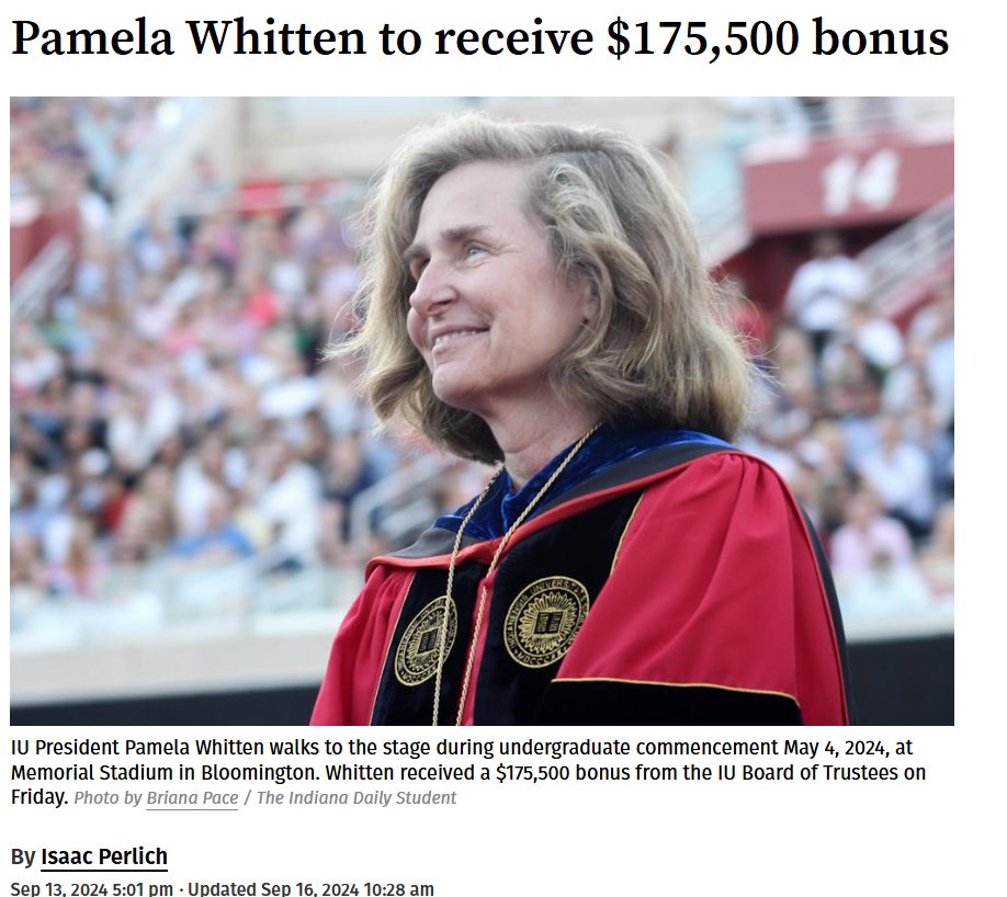 TheGreeneBJ's tweet photo. Since putting snipers on students like me, the president of IU has received a massive pay raise and almost a half million dollars in bonuses 👍 https://t.co/qalHKtj6do