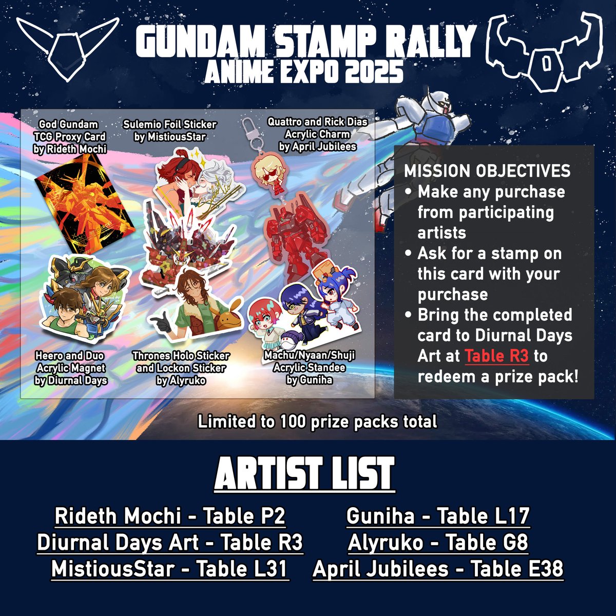 DiurnalDays's tweet photo. 🤖 AX 2025 Gundam Stamp Rally ✨

Mission: Collect all 6 stamps from participating artists to claim a special reward pack representing six different Gundam continuities!

#AXartistalley2025 #AX2025ArtistAlley #ax2025 #Gundam #AnimeExpo https://t.co/5MpXQFYZE0