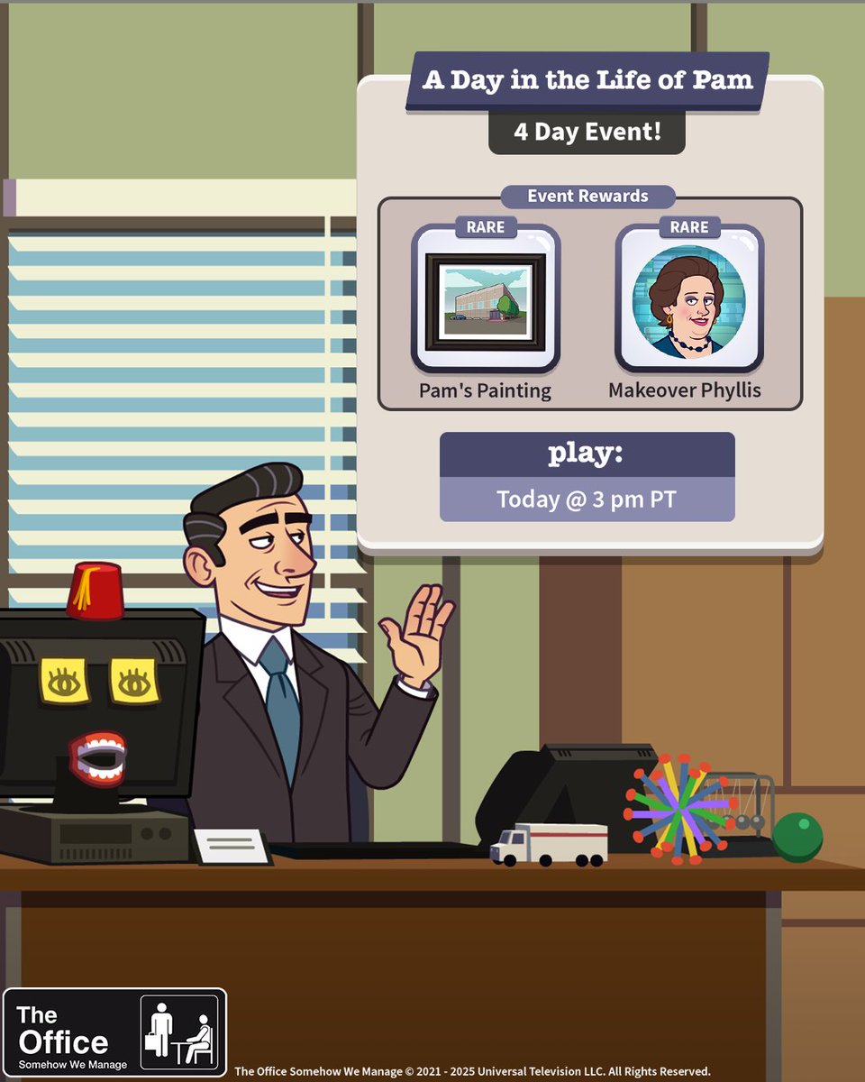 The Superfan Event “A Day in the Life of Pam” is live NOW! Pam wins an art contest and meets Michael's computer friend Harvey. Just another day at the office! 😆

Play for a chance to win two in-game rewards: the PAM'S PAINTING decor and the MAKEOVER PHYLLIS avatar!