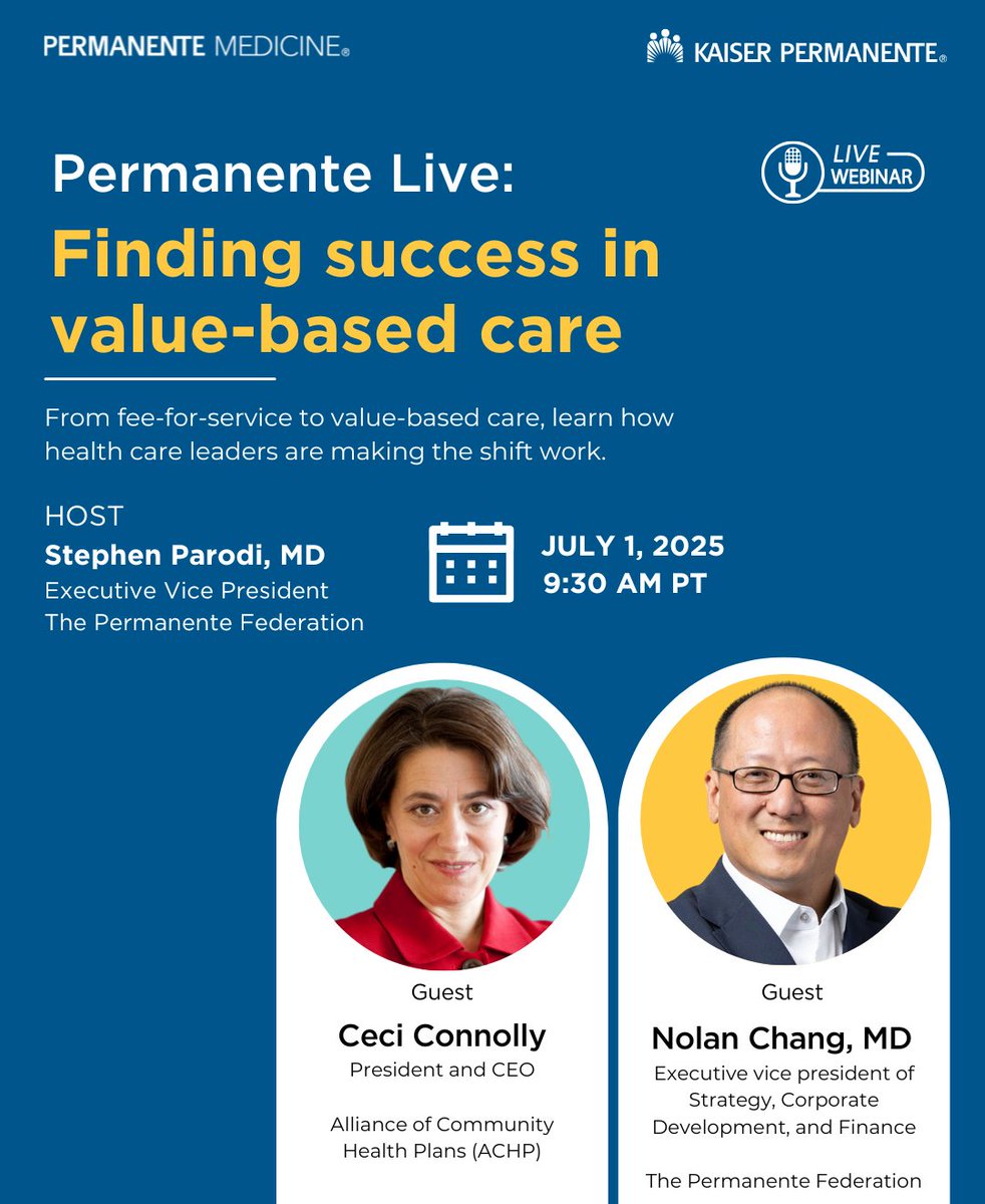PermanenteDoctors (@permanentedocs) on Twitter photo What does real progress in value-based care look like?
Join host Stephen Parodi, MD, with <a href="/CeciConnolly/">Ceci Connolly</a> of <a href="/_ACHP/">Alliance of Community Health Plans (ACHP)</a> and <a href="/NolanChangMD/">Nolan Chang, MD</a> of <a href="/PermanenteDocs/">PermanenteDoctors</a> on July 1 at 9:30 AM PT/12:30 PM ET.
Free virtual webinar
Register: ow.ly/ZjsH50W8BMk
#ValueBasedCare #PermanenteLive What does real progress in value-based care look like?
Join host Stephen Parodi, MD, with <a href="/CeciConnolly/">Ceci Connolly</a> of <a href="/_ACHP/">Alliance of Community Health Plans (ACHP)</a> and <a href="/NolanChangMD/">Nolan Chang, MD</a> of <a href="/PermanenteDocs/">PermanenteDoctors</a> on July 1 at 9:30 AM PT/12:30 PM ET.
Free virtual webinar
Register: ow.ly/ZjsH50W8BMk
#ValueBasedCare #PermanenteLive