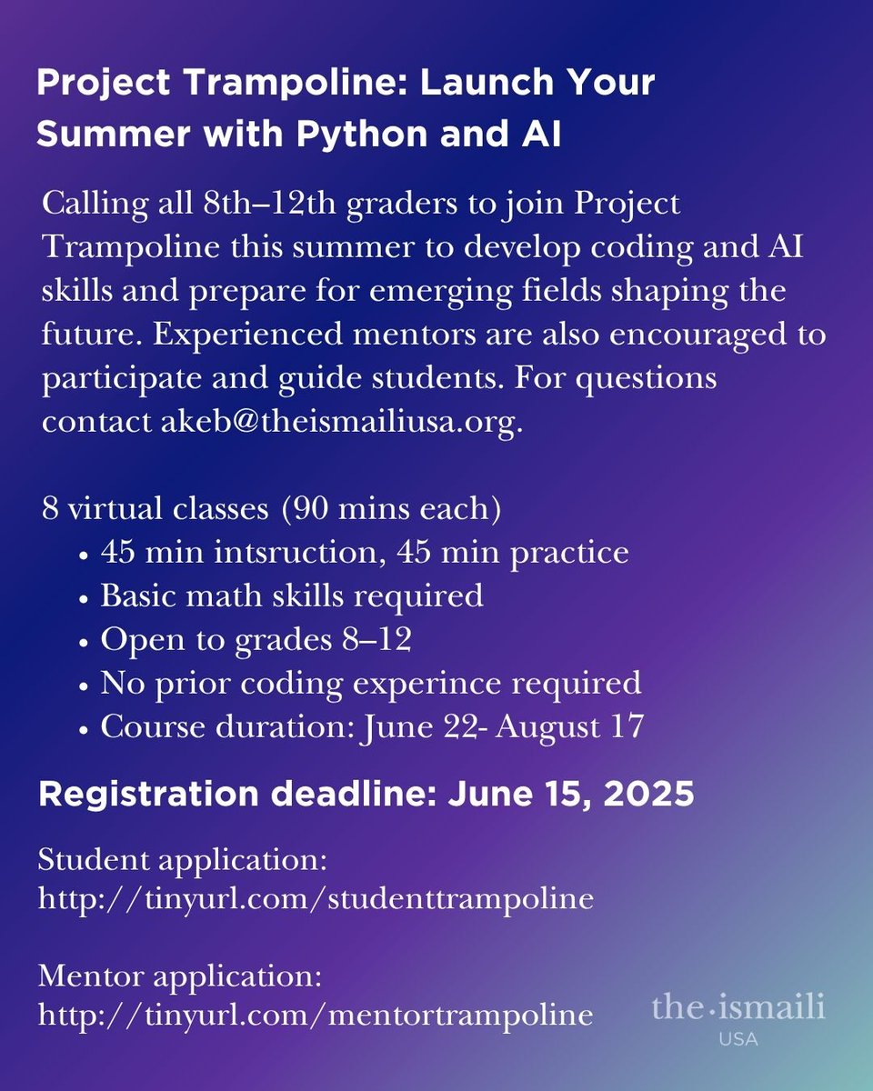8th–12th graders are invited to join Project Trampoline to develop coding and AI skills and prepare for emerging fields shaping the future. Experienced mentors are encouraged to apply

Apply by Sunday, June 15

Student: tinyurl.com/studenttrampol…

Mentor: tinyurl.com/mentortrampoli…