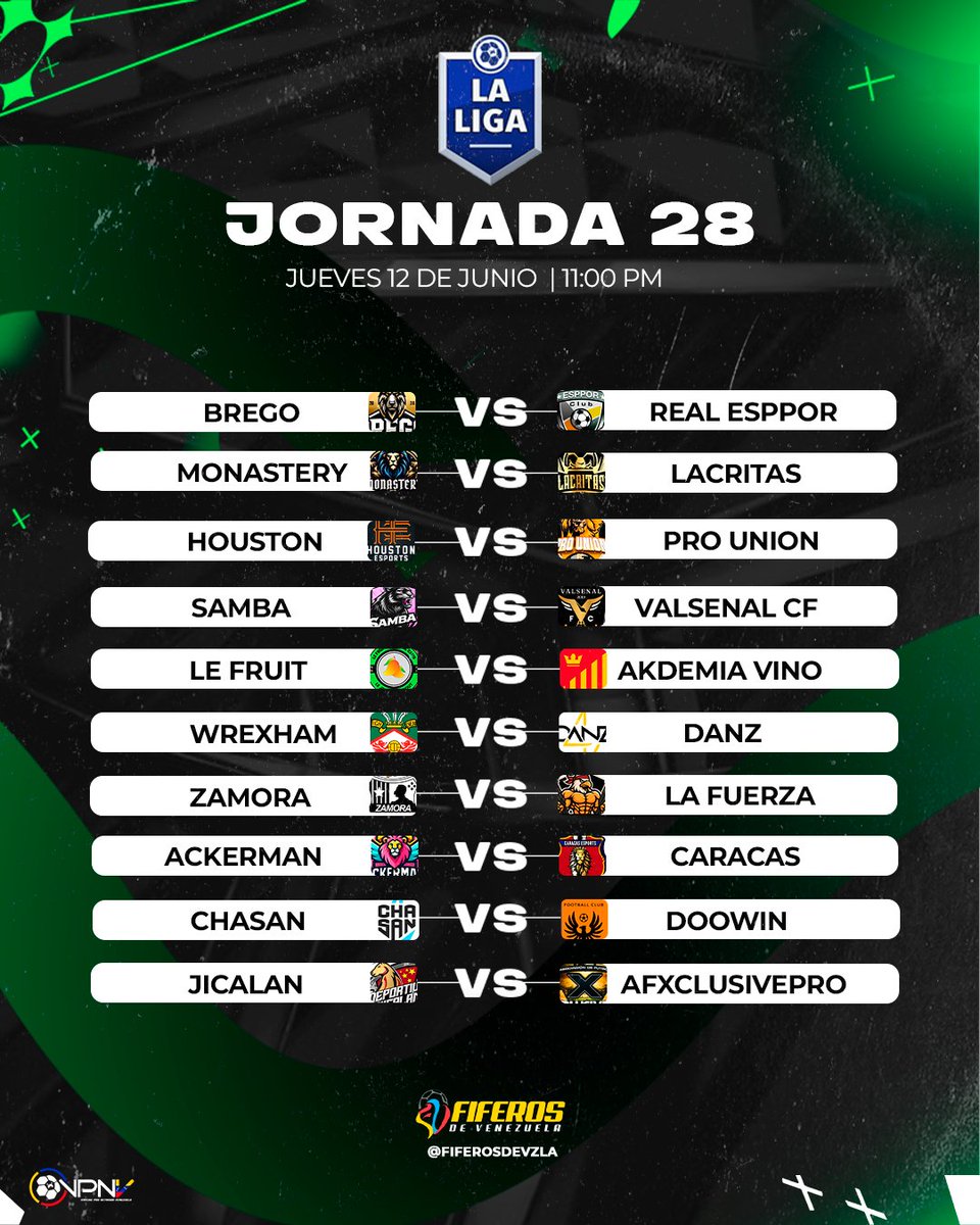 Fiferos de Venezuela (@fiferosdevzla) on Twitter photo #NotiFDV "SEMANA 7" 🔥 Hoy sigue la emoción de #LALIGAVPNV <a href="/VPNGlobal/">Virtual Pro Network</a> #CROSSPLAY donde sigue la pelea por la cima y los ptos para llegar a playoffs #EAFC25
🗓️ VPNV 🇻🇪│ 🏆 LA LIGA - Fecha 14 - <a href="/LVFVirtual/">Liga Virtual de Fútbol Venezolano</a>
🏟️Jornada 27
⌚️ 10:30 PM
🏟️Jornada 28
⌚️ 11:00 PM #NotiFDV "SEMANA 7" 🔥 Hoy sigue la emoción de #LALIGAVPNV <a href="/VPNGlobal/">Virtual Pro Network</a> #CROSSPLAY donde sigue la pelea por la cima y los ptos para llegar a playoffs #EAFC25
🗓️ VPNV 🇻🇪│ 🏆 LA LIGA - Fecha 14 - <a href="/LVFVirtual/">Liga Virtual de Fútbol Venezolano</a>
🏟️Jornada 27
⌚️ 10:30 PM
🏟️Jornada 28
⌚️ 11:00 PM