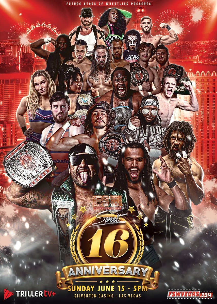 THIS SUNDAY on <a href="/Triller_TV/">TrillerTV</a>+!

FSW Sweet 16 Anniversary
This Sunday, June 15, 5PM
<a href="/SilvertonCasino/">Silverton Casino</a> | #LasVegas  

𝙁𝙚𝙖𝙩𝙪𝙧𝙞𝙣𝙜
Five Championship Matches, 30-Minute Iron Man Match, Mixed Tag Match, Ladder Match + more! 

Ticket + Streaming links in our bio!