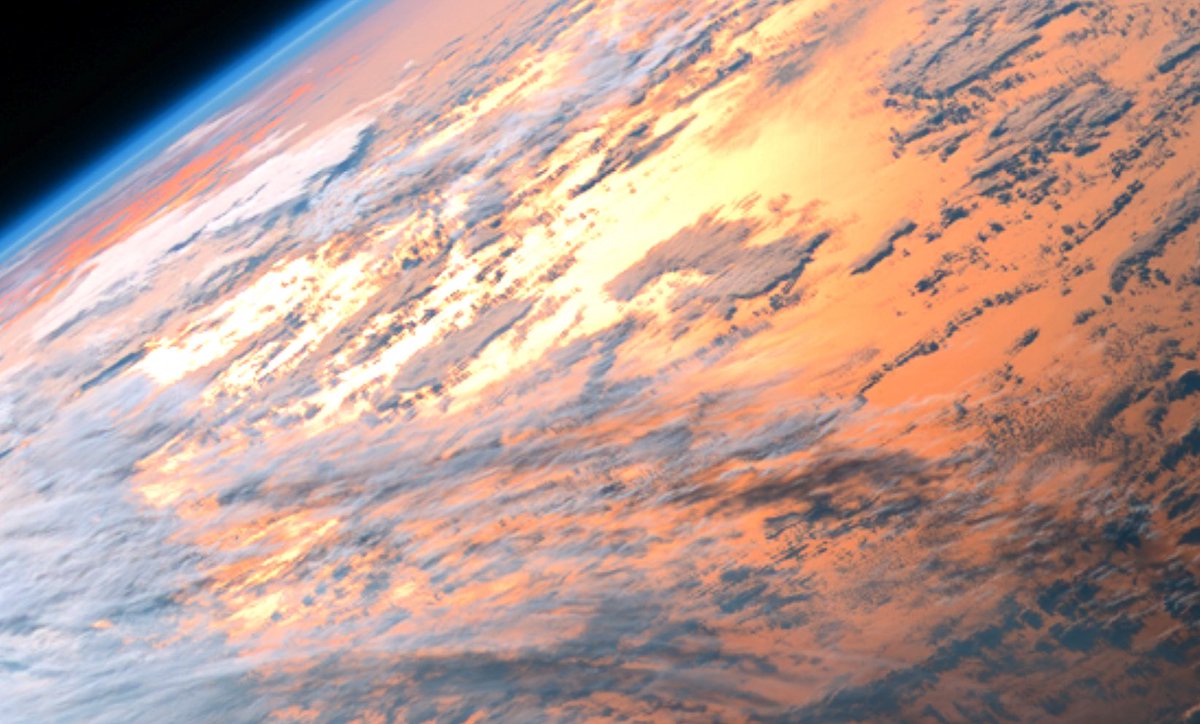 宇宙から見た今朝の地球の朝焼け空。