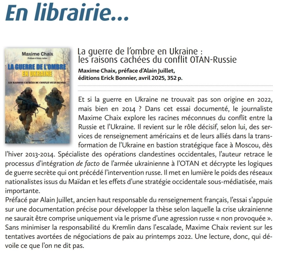 MaximeChaix's tweet photo. Merci au magazine Diplomatie pour cette belle recension de mon dernier livre, "La guerre de l'ombre en Ukraine" (@ErickBonnier Éditions, avril 2025, préfacé par Alain Juillet) https://t.co/3tGo0WSium https://t.co/JB5OLX9uT9