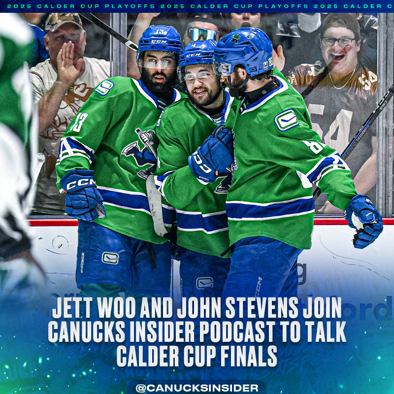 CanucksInsider's tweet photo. As the @AbbyCanucks head to the Calder Cup Finals, Jett Woo and John Stevens sit down with Canucks Insider Podcast host Chris Faber to talk about the ascension of the franchise, what the fans mean to the team, and the work they’ve put in along the way.

FEATURE READ 👇