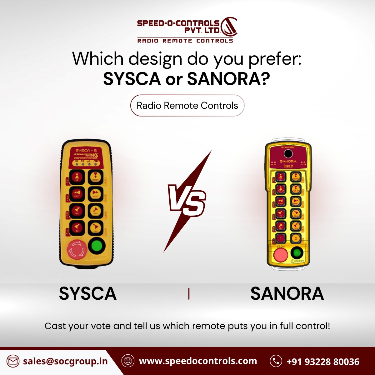 SpeedOControls's tweet image. 🎮 Battle of the Remotes!
At Speed-O-Controls, both SYSCA &amp;amp; SANORA deliver precision &amp;amp; safety — but which design wins your vote?
✅ SYSCA: Sleek &amp;amp; compact
💪 SANORA: Rugged &amp;amp; Industrial
Tell us your pick!
#SpeedOControls #RadioRemoteControl #SYSCA #SANORA #SmartControls
