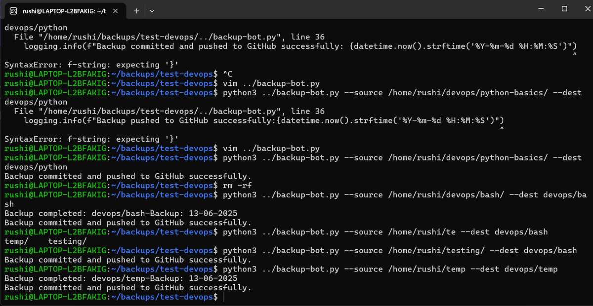 rushi_shelar_'s tweet photo. 🚀 Day 4 of #30DaysOfDevOps
Automated Git with Python:
✅ subprocess + GitPython
✅ Backup auto-pushed to GitHub
⚠️ Paths messed up : 30 useless commits 😅
📝 Skipped Docker automation for now, will revisit during Docker deep-dive!
Next: Cron jobs.
#Python #DevOps #Git https://t.co/I9oUch0ifK