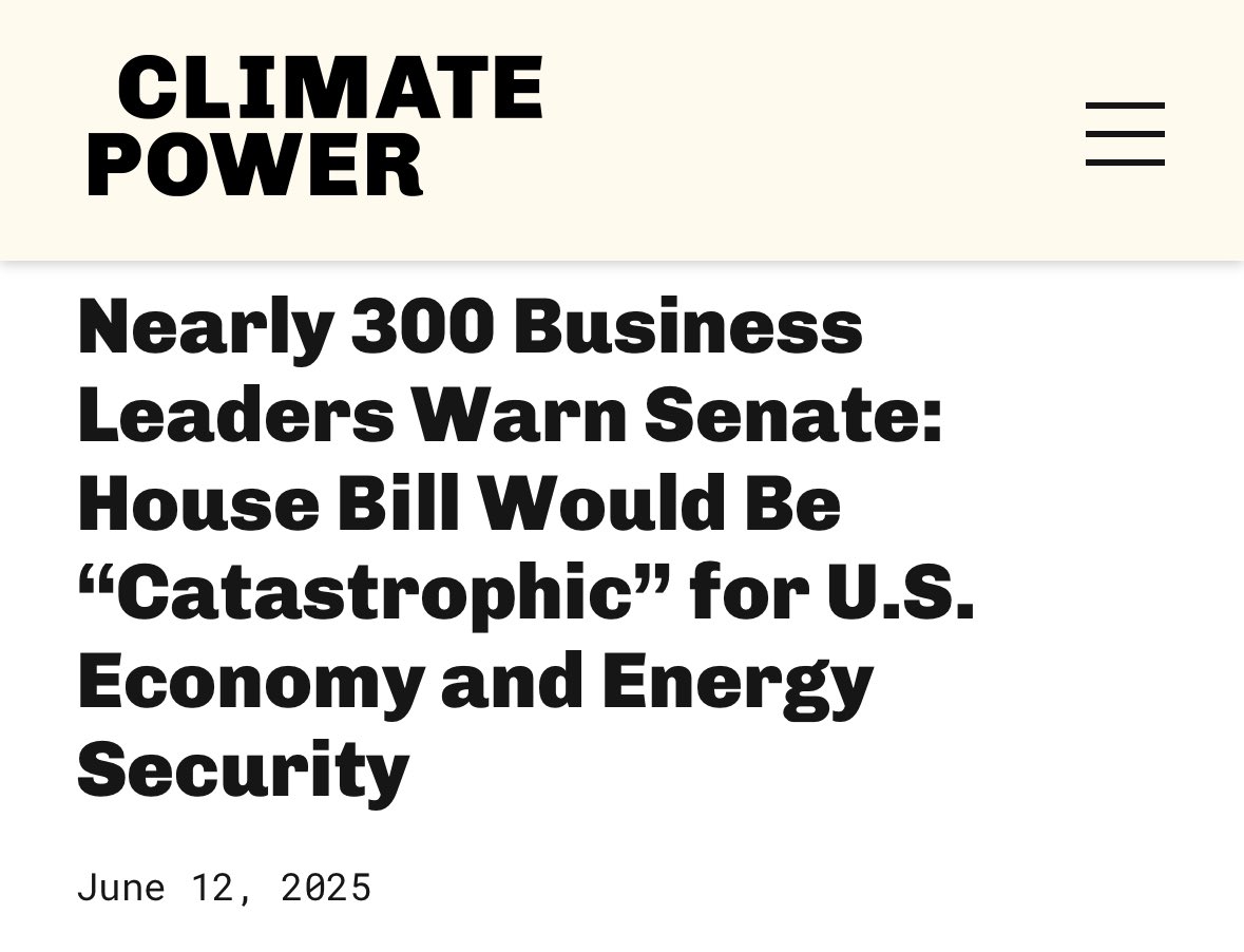 Climate Power (@climatepower) on Twitter photo 🚨 Nearly 300 business leaders sent a letter to the Senate warning repealing clean energy incentives will be “catastrophic for the American economy and American energy dominance.” 🚨 Nearly 300 business leaders sent a letter to the Senate warning repealing clean energy incentives will be “catastrophic for the American economy and American energy dominance.”