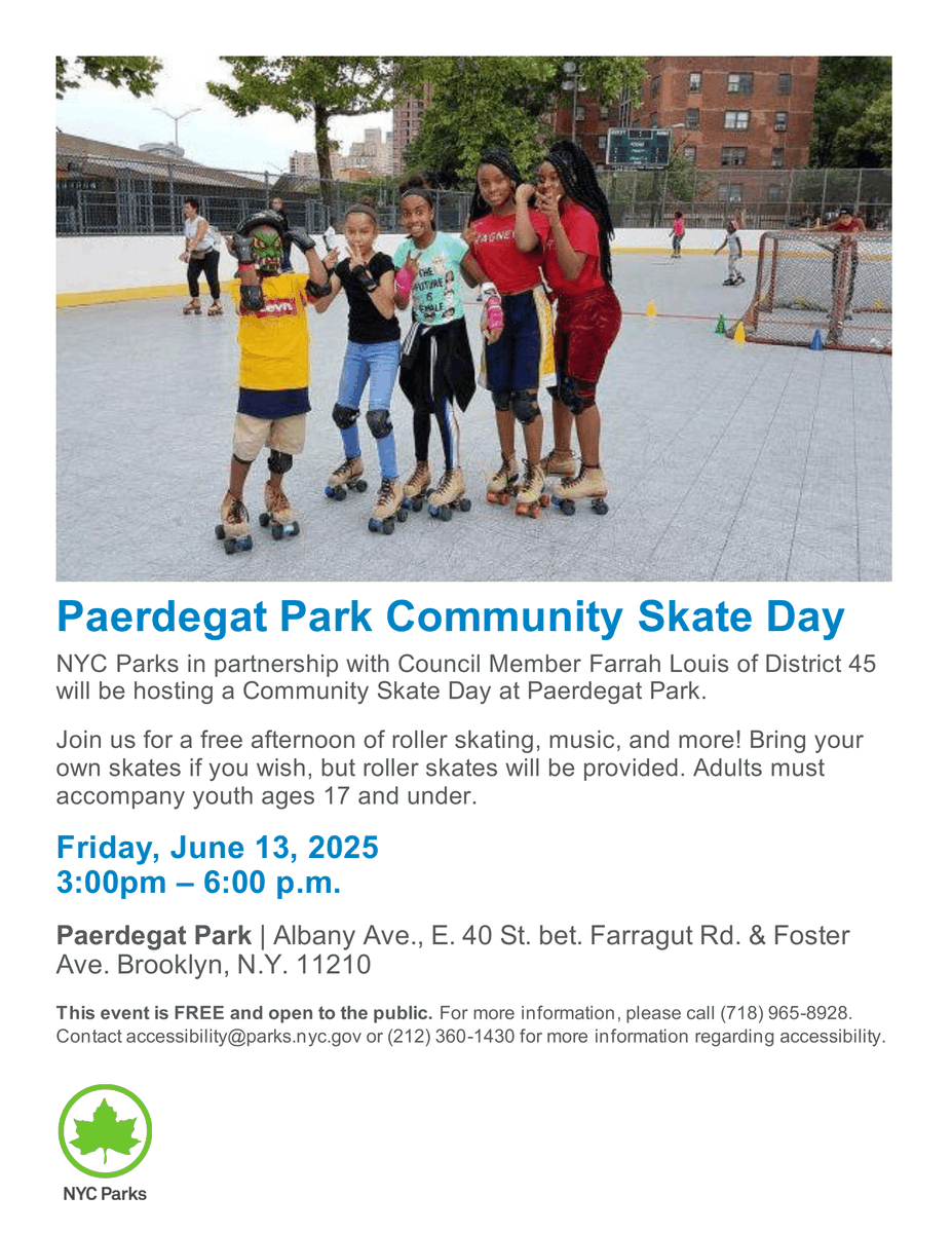 Following the excitement of last week’s Roll &amp; Skate Party, I am keeping the momentum going with another fun-filled event! Join us tomorrow, Friday, June 13, from 3:00 PM to 6:00 PM at Paerdegat Park for our Community Skate Day, presented in partnership with <a href="/NYCParks/">NYC Parks</a>!