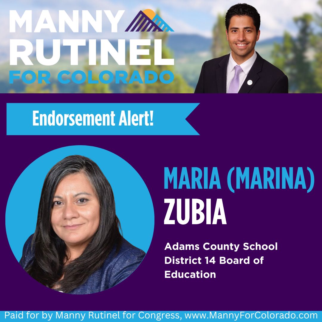 Endorsement Alert!📣       

So honored to have the endorsement of Maria (Marina) Zubia
- Adams County School District 14 Board of Education🙏🏽
