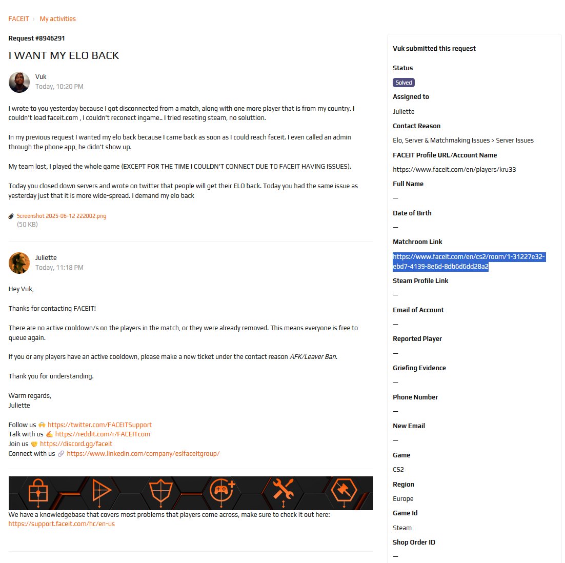 vul333's tweet photo. @FACEITSupport @FACEIT_Darwin I got disconnected yesterday and I run into automated bots when creating a ticket. All context in screenshots.  HELP https://t.co/z5EpkA1jQT