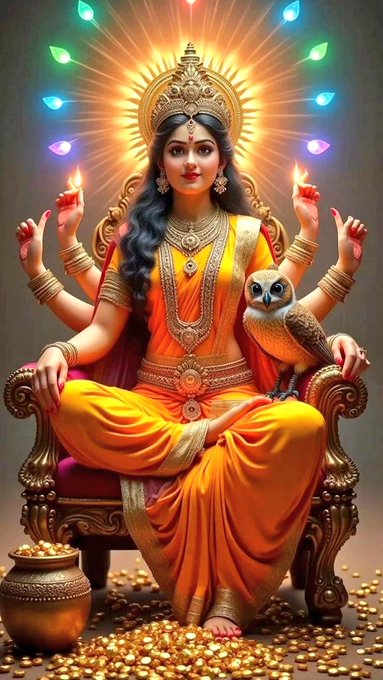 The image depicts a beautifully rendered depiction of Goddess Lakshmi, a Hindu deity associated with wealth, fortune, and prosperity. She is seated on an ornate throne, adorned in a vibrant orange sari with intricate gold jewelry. Her four arms are raised in a gesture of blessing, each holding symbolic items. An owl, often considered her vahana (vehicle), is perched on her left arm. The background features a radiant halo with colorful lights, enhancing the divine aura of the goddess. The post text in Hindi praises her, referring to her as 'Lakshmi Swaroop Narayani' and seeks her blessings for purity, prosperity, and speech. The text also includes a traditional chant, 'Ya Devi Sarvabhuteshu', which is a salutation to the divine feminine energy in all beings, specifically in the form of Lakshmi.