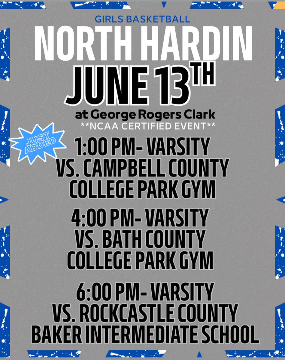 Game Schedule for June 13th at GRC Shootout HS

1:00 PM Varsity vs. Campbell County (JUST ADDED)
4:00 PM Varsity vs. Bath County
6:00 PM Varsity vs. Rockcastle County
