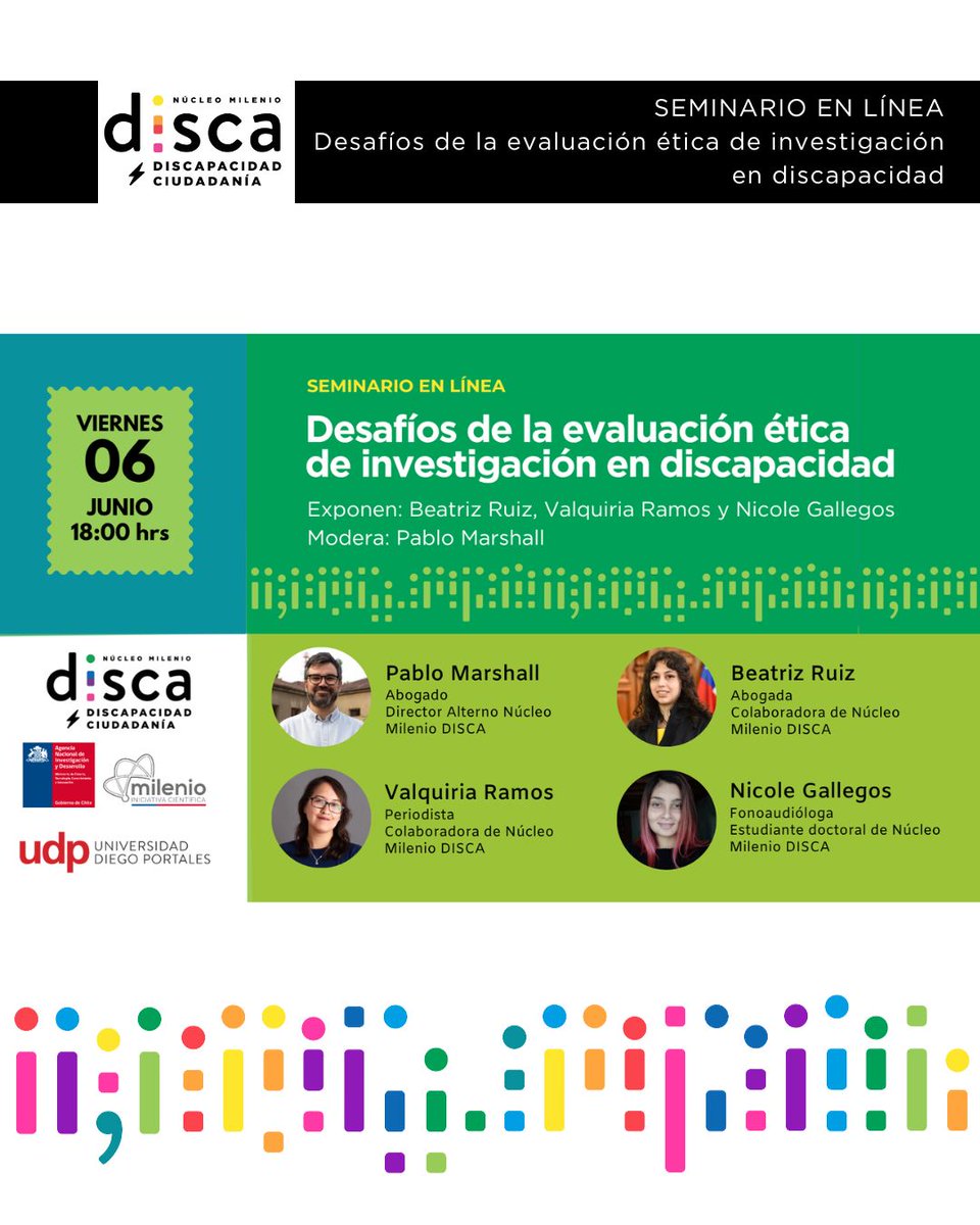 Núcleo DISCA (@nucleodisca) on Twitter photo Ya está disponible en YouTube nuestro seminario: Desafíos de la evaluación ética de investigación en discapacidad.
Conversamos sobre Comités Éticos y sobre cómo llegar a investigar siendo una persona con discapacidad. #centrosANID <a href="/CentrosAnid/">Centros ANID</a>
youtu.be/0v0Lks16ZrY Ya está disponible en YouTube nuestro seminario: Desafíos de la evaluación ética de investigación en discapacidad.
Conversamos sobre Comités Éticos y sobre cómo llegar a investigar siendo una persona con discapacidad. #centrosANID <a href="/CentrosAnid/">Centros ANID</a>
youtu.be/0v0Lks16ZrY