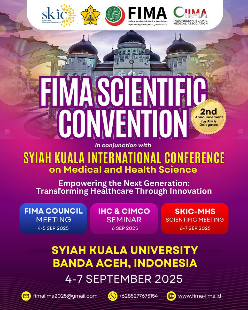 FIMA Scientific Convention 2025 and 42nd FIMA Council Meeting

Register at fima-iima.id by 30th June 2025

We urge all confirmed IMAs to complete the registration at the earliest, so that the host can make all necessary arrangements.

Regards,
FIMA Secretariat