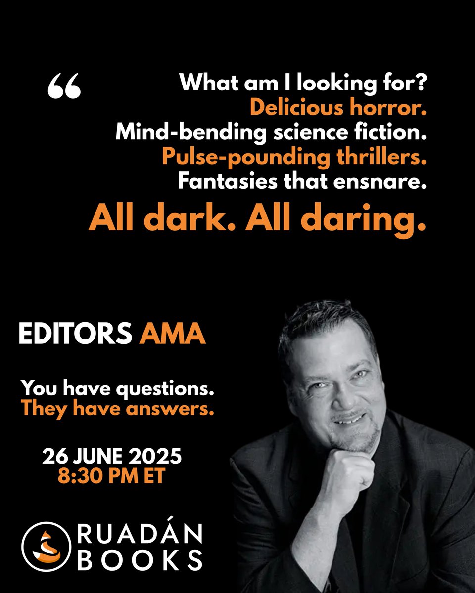 RuadanBooks's tweet photo. What is Ruadán Books looking for in our current manuscript submissions?

From Richard B. Wood, our founder and editor-in-chief: "Delicious horror. Mind-bending science fiction. Pulse-pounding thrillers. Fantasies that ensnare.

All dark. All daring."

What other questions do you have?

On June 26, join us at 8:30 PM to ask our editors anything. 

Register now: https://t.co/enNuaiLu84

#AuthorsOfTwitter #callforsubmissions #WritingCommunity #writersoftwitter