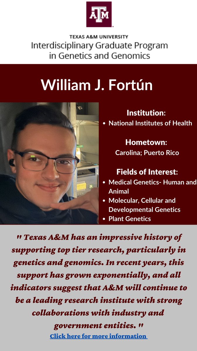 MEET OUR 2025 #TAMUGENE COHORT!!

It's "Feature Summer Day!" and today's SPOTLIGHTS go to two new members: Andrew Eastland and William Fortun. 

Please visit our GGEN website:

Andrew: genetics.tamu.edu/featuring-andr…

William: genetics.tamu.edu/featuring-will…

Stay tuned for more features!