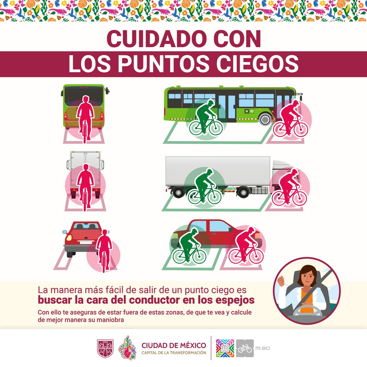 Los puntos ciegos son áreas alrededor de un vehículo que limitan el campo de visión del conductor 🚍🚘

Por tu seguridad, ¡evítalos! 🚴‍