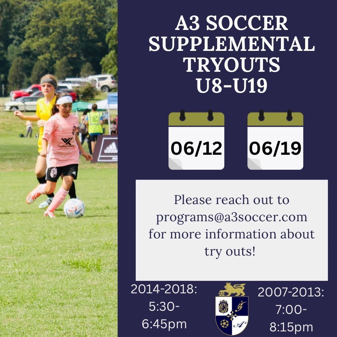 We are having supplemental try outs for many of our age groups! Come out on 6/12 &amp; 6/19 on our turf fields. Please register for our supplemetal Tryouts at a3soccer.sprocketsports.com/program-detail…