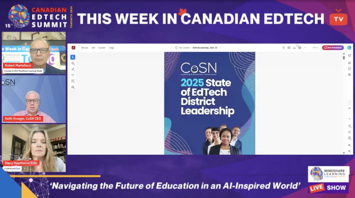 This week, CoSN CEO <a href="/keithkrueger/">Keith Krueger</a> &amp; CoSN Board Chair <a href="/StacyHaw/">Stacy Hawthorne, Ed.D.</a> were featured on <a href="/MindShareLearn/">MindShareEdTech Canada》K20News》 Summits</a> with <a href="/robertmartella2/">robert martellacci</a> to discuss CoSN’s 2025 Annual State of EdTech Leadership Report - 
mindsharelearning.ca/this-week-in-c…