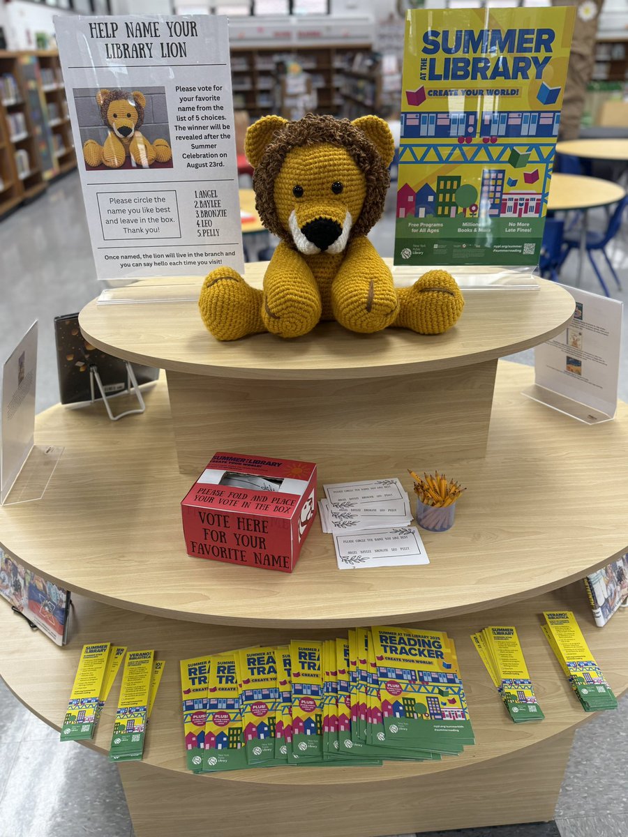 We invite our #bronx #kids to checkout our “Name Your #Library Lion” display as soon as you walk in! We have slips with 5 names; vote your choice to name our lion. Winner will be revealed at our #summerreading celebration Aug 23, &amp; our lion will be named and put on display! <a href="/nypl/">NY Public Library</a>