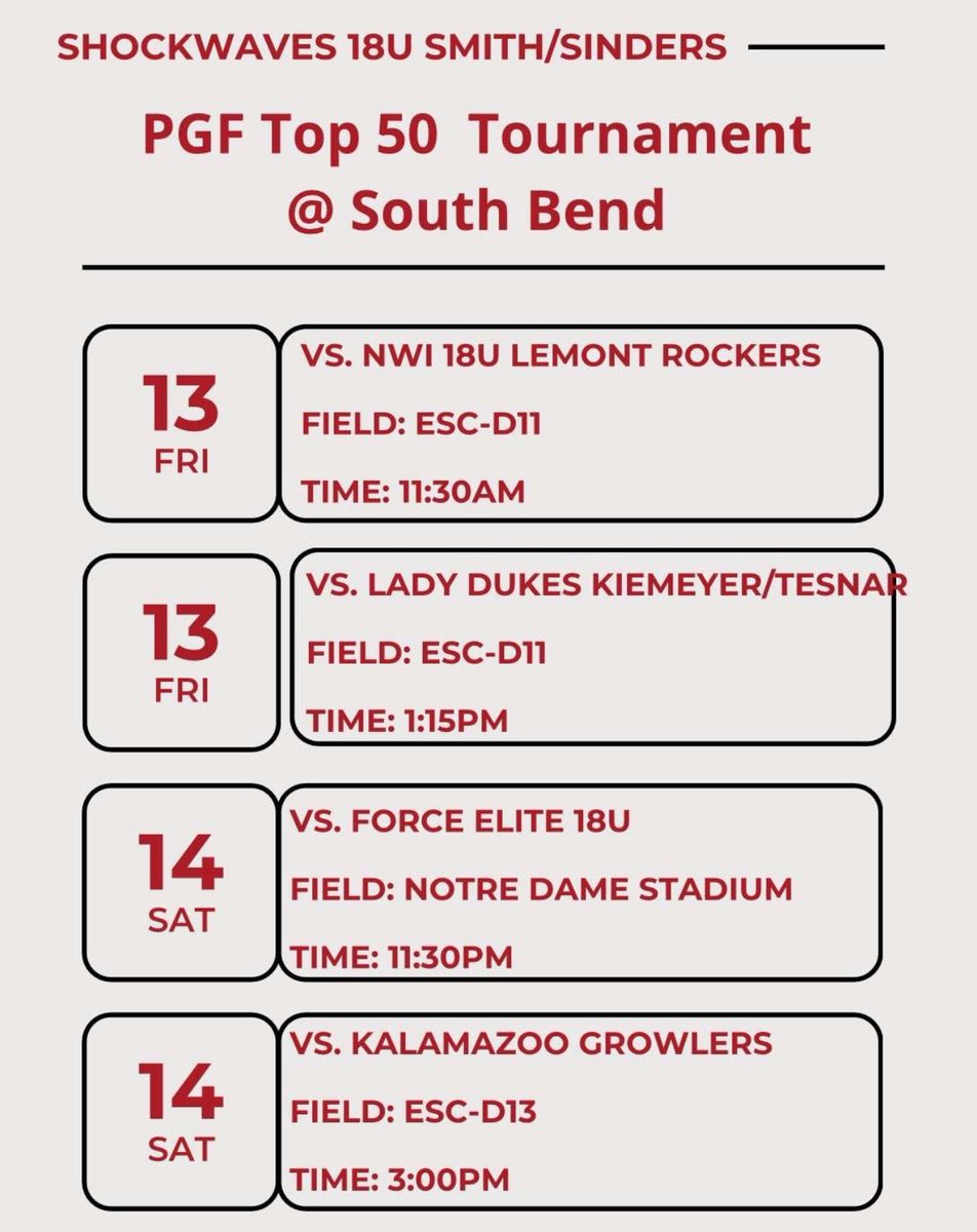 Excited to get back out on the field for our first tournament! Here’s our schedule for the PGF Top 50 this weekend! @shockwaves18u <a href="/ShockwavesSB/">Indiana Shockwaves</a> <a href="/CoachGill_MSU/">Ashley Gilland</a> <a href="/WabashValleySB/">WabashValleySoftball</a> <a href="/CoachBurns17/">Matt Burns</a> <a href="/CoachKRyman/">Kristin Ryman</a> <a href="/CoachMandy13/">Mandy Sansbury🥎</a>